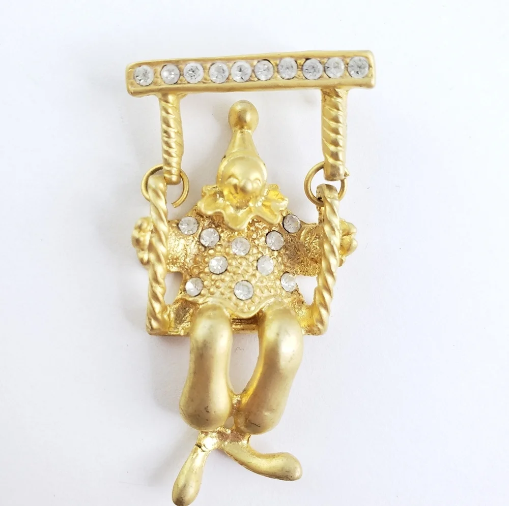 Vintage Brooch Clown Pin Gold + Rhinestones